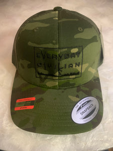 Multicam Tropic "Trucker" style hat with Black EveryDayCivilian Logo. Adjustable.